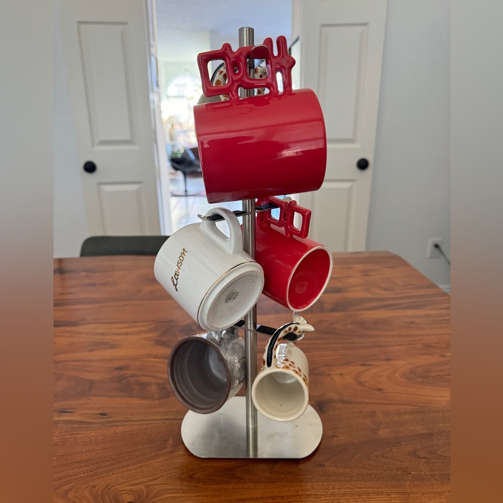 MCM Style Metal Coffee Mug Rack Stand with 6 Hooks - Silver Cup Holder Tree